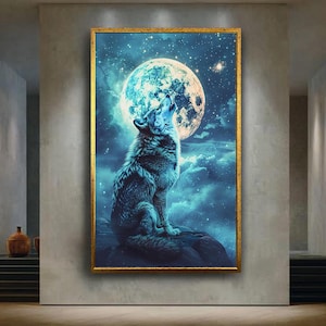 Howling Wolf and Full Moon Canvas Wall Art with Starry Night Sky, Mystical Wildlife Animal Artwork for Rustic and Nature Home Decor
