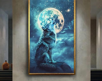 Howling Wolf and Full Moon Canvas Wall Art with Starry Night Sky, Mystical Wildlife Animal Artwork for Rustic and Nature Home Decor