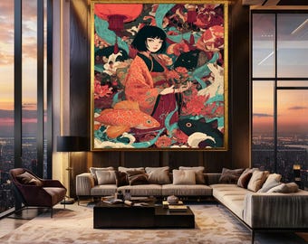 Mystical Japanese Woman Art Print – Koi Fish Fantasy Poster – Geisha Style Wall Art – Oriental Canvas Art