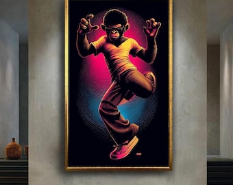 Neon Monkey Character Canvas Wall Art – Cool Anthropomorphic Ape in Dynamic Pose with Retro 80s Synthwave Lighting