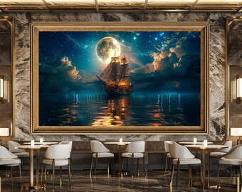 Moonlit Sailing Ship Wall Art Fantasy Night Sea Poster Canvas Download Starry Sky Nautical Decor Ocean Adventure Print