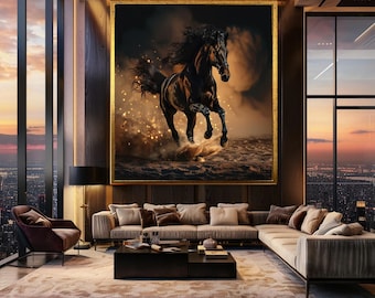 Majestic Black Horse Wall Art Print, Powerful Stallion Running Through Dust, Dramatic Equestrian Decor for Rustic or Bold Interiors