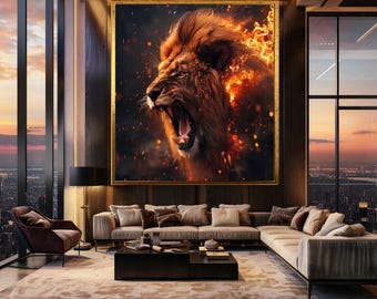 Roaring Lion Fire Wall Art Print, Fiery King of Jungle Poster, Bold Animal Power Decor for Office, Gym or Alpha Energy Spaces
