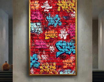 Urban Graffiti Wall Art Print, Red Brick Street Art Canvas Poster, Colorful Hip Hop Spray Paint Style, Modern Graffiti Room Decor