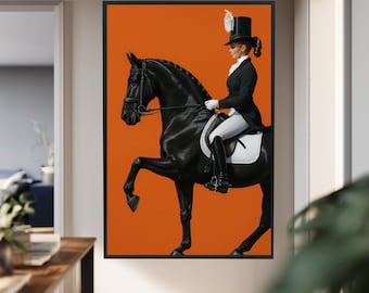 Equestrian Woman on Black Horse Canvas Wall Art – Elegant Rider in Top Hat Modern Dressage Poster with Orange Background for Horse Lovers