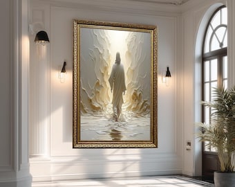 Jesus Walking in Light Canvas Wall Art – Minimalist Spiritual Poster with Flowing and Divine Glow, Christian Religious Décor