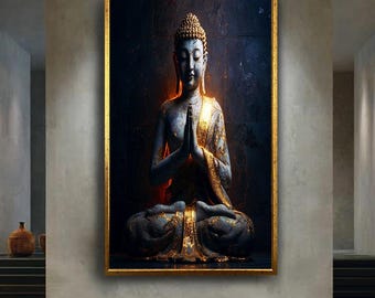 Golden Buddha Canvas Print – Zen Spiritual Wall Art with Meditation Pose and Gold Accents for Yoga Room, Mindful Space or Peaceful
