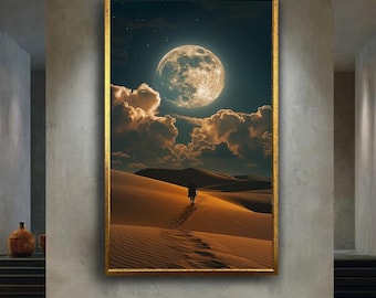 Full Moon Desert Walk Wall Art Surreal Night Canvas Print Spiritual Journey Poster for Celestial Home Decor or Dreamy Gift Idea
