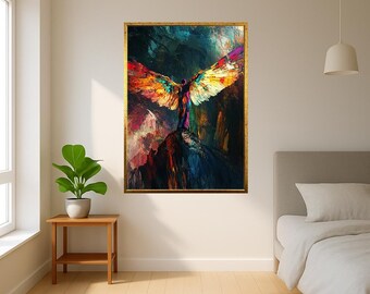 Colorful Angel Wings Wall Art – Abstract Fantasy Figure with Wings on Cliff – Spiritual Surreal Canvas Print for Home Decor