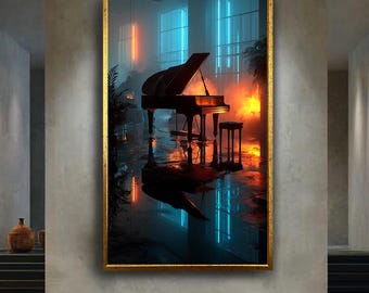 Neo Noir Piano Wall Art Print, Dark Moody Neon Room Canvas Poster, Grand Piano Digital Artwork, Music Lover Urban Decor
