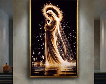 Divine Virgin Mary Canvas Wall Art, Holy Prayer with Golden Halo Print, Sacred Christian Spiritual Artwork for Faith Inspired Home Decor