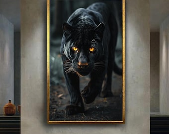 Black Panther Canvas Wall Art – Fierce Wild Cat with Golden Eyes, Jungle Predator Animal Print, Exotic Wildlife Home Decor for Living Room