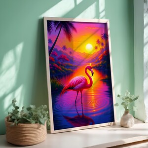 Poster da parete con fenicotteri tropicali al tramonto, arte digitale, paesaggio della giungla vibrante, stampa di uccelli esotici estivi per casa sulla spiaggia o arredamento colorato