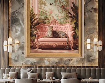 Pink Glam Leopard Canvas Wall Art Exotic Wild Cat on Vintage Baroque Sofa with Tropical Jungle Flowers and Birds Decor Print