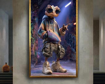 Cool Lizard Streetwear Canvas Wall Art – Hip Hop Chameleon Character with Hoodie and Sneakers in Graffiti Urban Scene