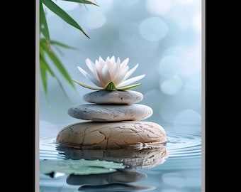 Lotus Flower and Zen Stones Canvas Wall Art, Peaceful Water Reflection Print, Tranquil Spa Decor Poster, Minimal Meditation Artwork