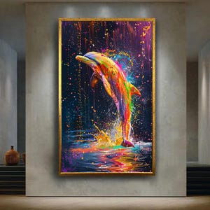 Colorful Dolphin Canvas Wall Art, Vibrant Ocean Animal Print, Modern Pop Art Style Marine Life Artwork for Coastal Home Decor