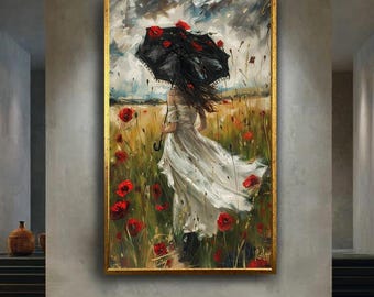 Romantic Woman in White Dress with Umbrella Canvas Print, Poppy Field Digital Art with Oil Painting Effect for Elegant and Scenic Home Decor