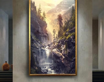 Mountain Waterfall Canvas Wall Art Print with Sunlight and Forest Valley, Majestic Nature Landscape Artwork for Rustic or Modern Home Decor
