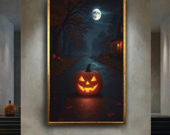 Halloween Pumpkin Canvas Wall Art, Glowing Jack O Lantern Print, Spooky Moonlight Artwork for Seasonal or Gothic Home Decor