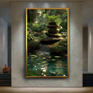 Zen Garden Canvas Wall Art with Stacked Mossy Stones, Tropical Leaves and Waterfall – Tranquil Forest Print for Spa or Yoga Decor