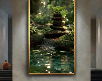 Zen Garden Canvas Wall Art with Stacked Mossy Stones, Tropical Leaves and Waterfall – Tranquil Forest Print for Spa or Yoga Decor