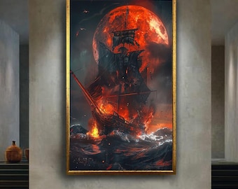 Haunted Pirate Ship Wall Art with Red Moon Dark Fantasy Ocean Scene Fiery Sailing Vessel Gothic Nautical Artwork Decor