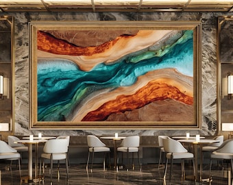 Colorful Abstract Wall Art Print with Turquoise, Rust and Earthy Tones, Modern Geode Inspired Canvas for Bold Home Decoration