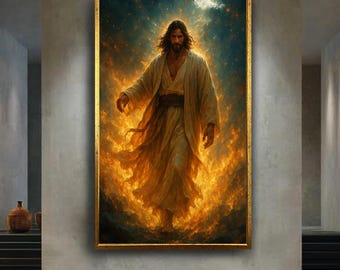 Powerful Jesus Walking Through Fire Wall Art | Fiery Christian Savior Canvas Print | Dramatic Spiritual Religious Decor for Faithful Homes