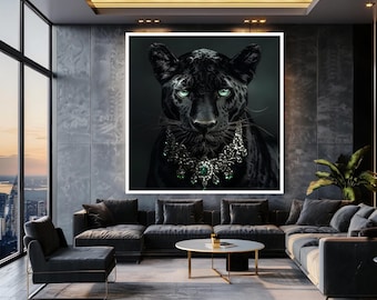 Luxury Black Panther Canvas Wall Art – Regal Big Cat Portrait with Emerald Eyes and Ornate Jewelry for Bold and Elegant Home Decor