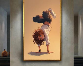 Anime Girl Handstand Canvas Wall Art – Energetic Curly Haired Character in Dynamic Pose for Kids Room or Anime Lover Decor