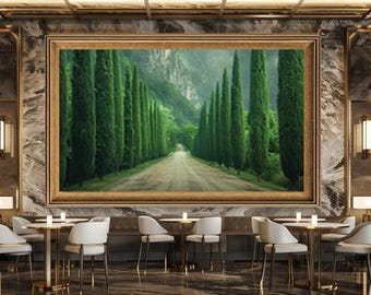 Cypress Tree Road Wall Art Print, Peaceful Forest Path Canvas Art, Green Nature Landscape Artwork for Calm Home Decor