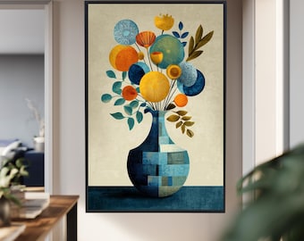 Colorful Abstract Flower Vase Wall Art Modern Geometric Botanical Print Bold Mid Century Style Home Decor Canvas