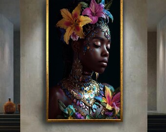 Goddess Portrait Wall Art Print, Floral Crown Ethnic Beauty Canvas Art, Vibrant Jewelry Afro Fantasy Decor for Bold Interiors