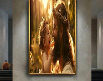Spiritual Father and Baby Canvas Wall Art in Sunlight Forest, Christian Family Love Print, Warm Faith-Based Home Decor Artwork