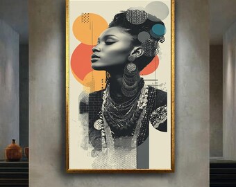 Afrocentric Wall Art Print, Bold Black Woman Portrait with Tribal Jewelry and Geometric Abstract Background for Modern Decor
