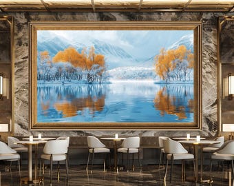 Winter Autumn Lake Wall Art Print, Snowy Mountains and Fall Trees Canvas Art, Peaceful Landscape Artwork for Nature Decor