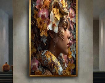 Floral Serpent Goddess Canvas Wall Art – Mystical Female Portrait with Snake and Orchids – Fantasy Nature Print for Mythical Home Decor