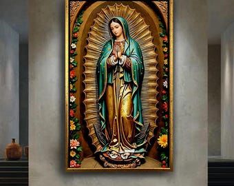 Virgin of Guadalupe Wall Art Print – Traditional Catholic Religious Canvas, Sacred Virgin Mary Artwork, Colorful Mexican Decor