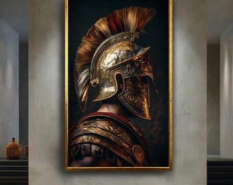 Golden Roman Helmet Canvas Wall Art – Detailed Ancient Warrior Armor Portrait, Historic Gladiator Print for Bold Classic Home Decor