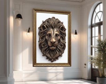 Bronze Lion Canvas Wall Art Decor for Home or Office, Regal Animal Sculpture for Entryway, Bold Jungle King Wall Hanging Art Piece