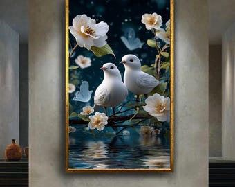 Romantic White Doves Wall Art Print, Floral Fantasy Nature Digital Poster, Dreamy Birds and Flowers Illustration, Peaceful Decor