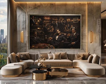 Vintage Mafia Bar Scene Canvas Print, Gangster Lounge Wall Art, Dark Noir Mob Boss Decor, Cinematic Crime Artwork