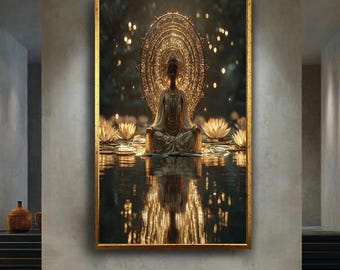 Golden Lotus Goddess Canvas Wall Art – Radiant Divine Feminine Meditation with Halo and Reflection – Spiritual Luxury Print for Sacred Decor