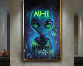 Alien Graffiti Wall Art Print, Neon Street Art Style Digital Poster, Sci Fi Urban Alien Portrait, Cyberpunk Wall Decor for Home