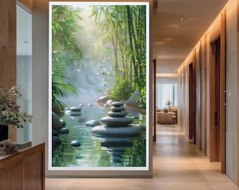 Zen Stones and Bamboo Canvas Wall Art, Peaceful Nature Scene Poster, Meditation Room Decor, Calm Spa Inspired Printable Artwork