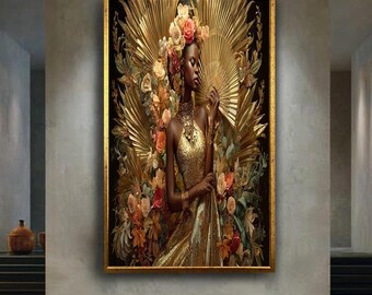 Elegant African Woman Canvas Wall Art with Gold Dress and Floral Crown, Luxury Glamour Portrait Home Decor for Living Room