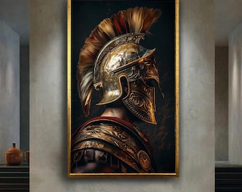 Golden Roman Helmet Canvas Wall Art – Detailed Ancient Warrior Armor Portrait, Historic Gladiator Print for Bold Classic Home Decor