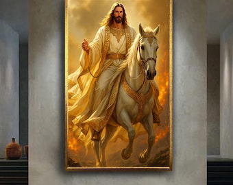 Jesus on white horse canvas wall art print, golden glory religious artwork, Revelation inspired Christian decor for prayer room or church