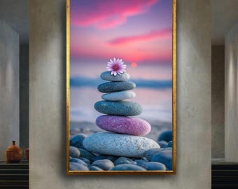 Pastel Zen Stone Stack Canvas Wall Art with Pink Sunset and Flower – Calm Beach Print for Spa, Meditation or Inspirational Room Decor